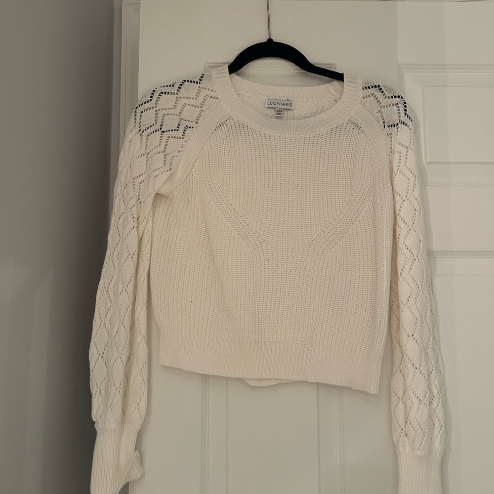 Lucy Paris White Crew Neck Sweater with Lace Sleeves